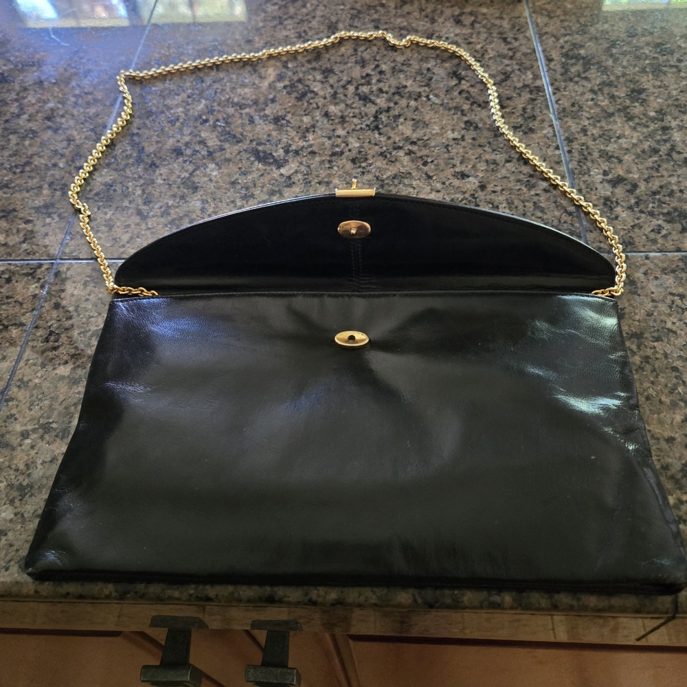 Black Leather Clutch with Gold Chain Shoulder Strap